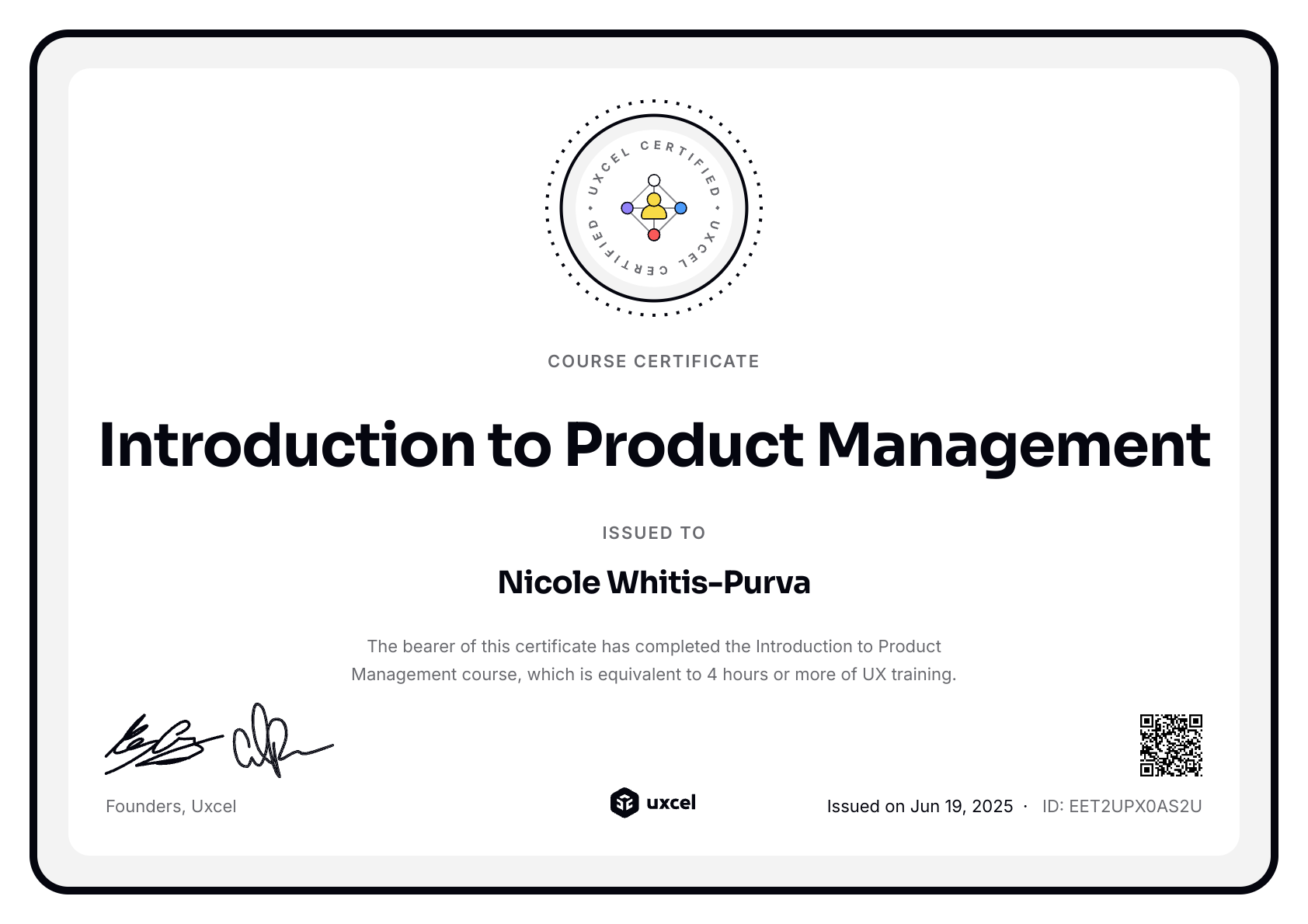 Nicole Whitis-Purva's certificate